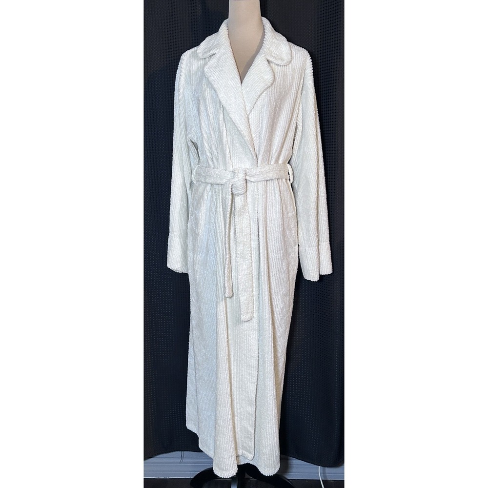 Vtg 80s Stan Herman Chenille White Robe Belt Pocket Cottage Shabby Chic USA M/L